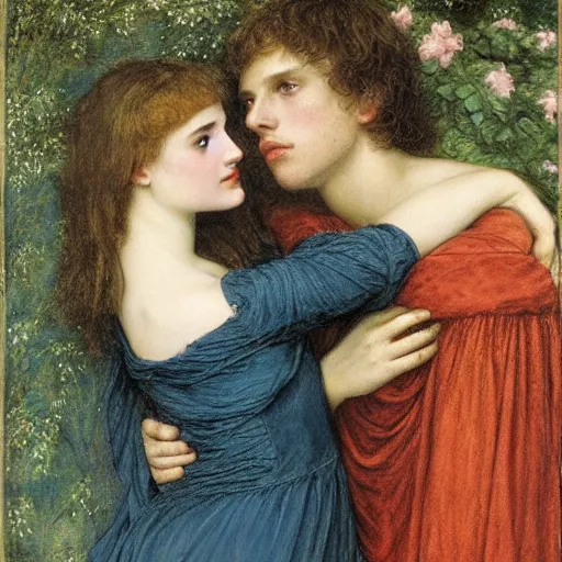 Image similar to juliet ( young natalie portman ) and romeo ( young jesse eisenberg ) in the 1 6 th century verone, tragic, theatrical, dramatic oil canvas by henry meynell rheam