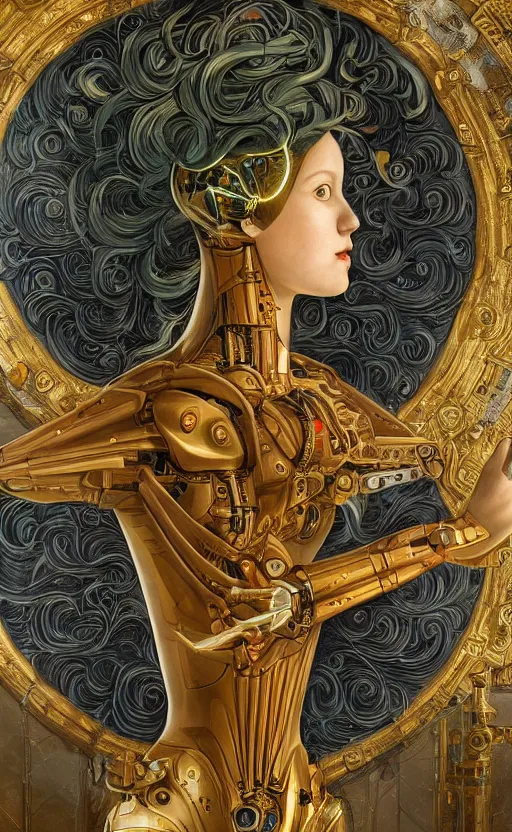 Image similar to beautiful mural of a young cyborg queen, piercing glowing robot eyes, elegant, striking composition, highly detailed ornate sci fi background, mural in the style of sandro botticelli, caravaggio, albrecth durer, 8k