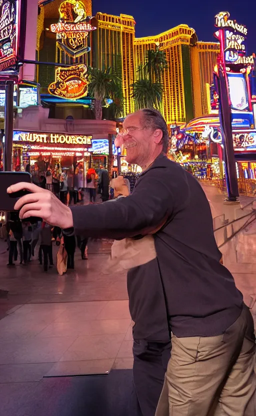 Prompt: Mr Robert House taking a selfie on the Las Vegas Strip, realistic photograph, 8k,