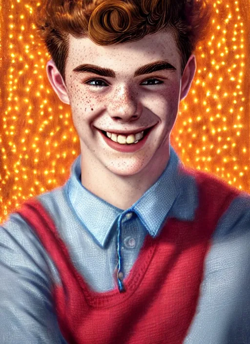 Image similar to portrait of teenage archie andrews, freckles, curly middle part haircut, curly hair, smiling kindly, friendly, 1 9 5 0 s, intricate, elegant, glowing lights, highly detailed, digital painting, artstation, concept art, smooth, sharp focus, illustration, art by wlop, mars ravelo and greg rutkowski