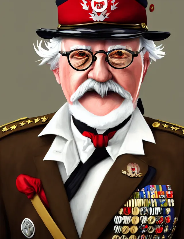 Image similar to a portrait of colonel sanders wearing a military uniform and an eyepatch, by moebius and tyler edlin and hr giger, trending on artstation, digital art, 4 k resolution, detailed, high quality, sharp focus, hq artwork, coherent, insane detail, concept art