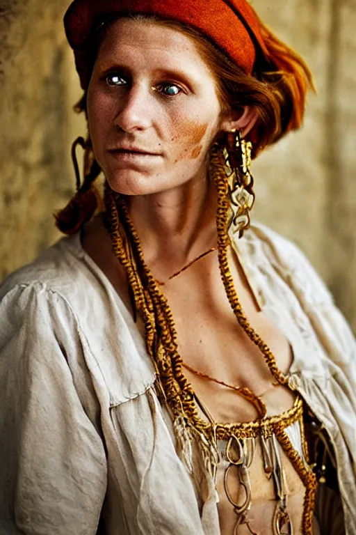 Image similar to Beautiful 19th Century Barbary Coast pirate female model with amazing Ginger hair and Golden hooped earrings photography by Steve McCurry