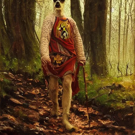 Prompt: Slavic dog head man, woolen torso in medieval clothes, walking in the forest, Orthodox Saint Christopher, oil painting, painting by Viktor Vasnetsov, concept art, hyperrealism, beautiful, high resolution, trending on artstation, by Luis Royo