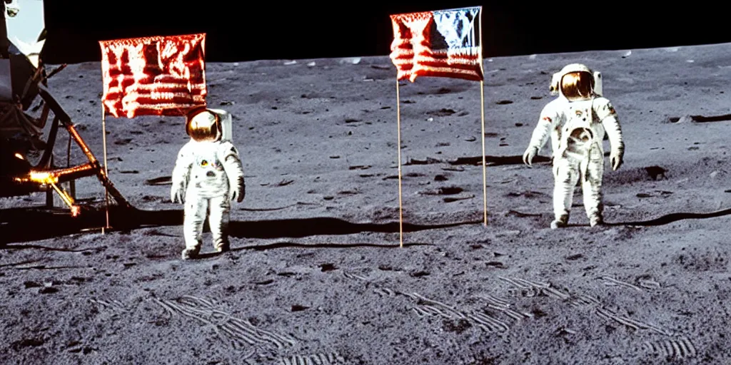 Image similar to colour photograph of the moon landing, urss astronauts with flag, spaceship, high resolution, very detailed