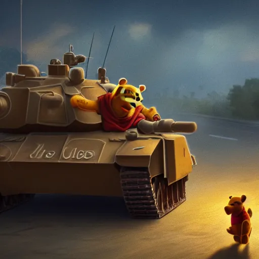 Image similar to winnie the pooh sitting down on road blocking chinese tanks, detailed defiant face, soldiers approaching, award winning photography, extremely detailed, artstation, 8 k, dramatic lighting, incredible art, wlop, artgerm