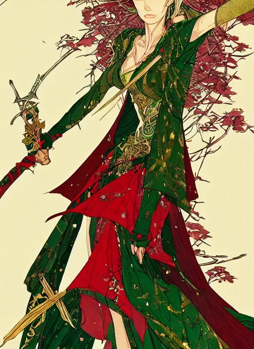 Image similar to beautiful elven queen in red green gold dress, detailed portrait, wearing kimono armor, sword, by conrad roset, takato yomamoto, jesper ejsing, beautiful