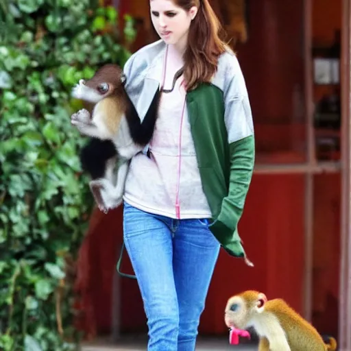 Image similar to paparazzi photo of Anna Kendrick walking her pet monkey