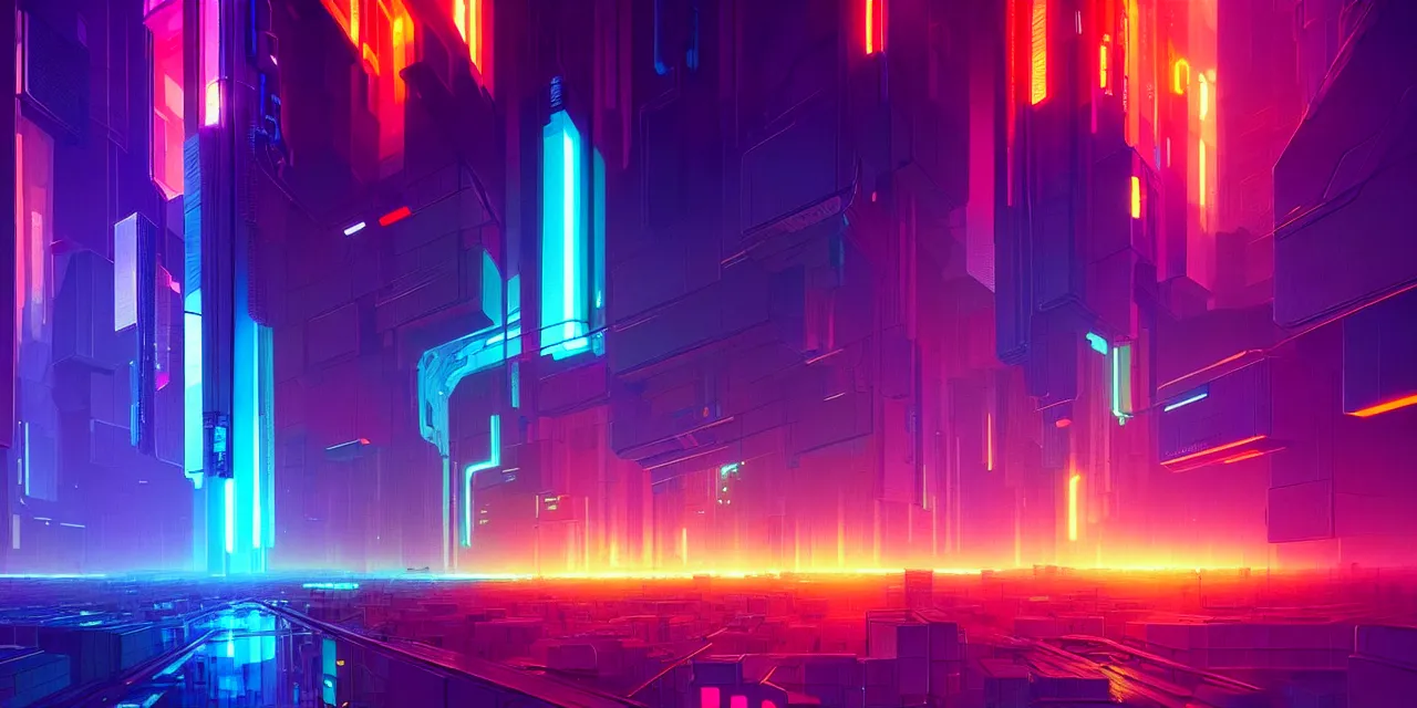 Image similar to a cyberpunk colorful cubes interconnected with glowing tubes, giant tubes connecting separate blocks, blockchain, symmetry, intricate, volumetric lighting, beautiful, rich deep colors masterpiece, sharp focus, ultra detailed, in the style of john harris