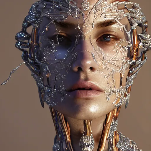 Image similar to full body detailed, ethereal, biomechanical, covered in diamonds and other gems glowing, highly detailed face, elegant posed, intricate, extremy detailed, beeple, cgsociety, 3 d unreal engine octane render. cinematic lighting, highly detailed 4 k art