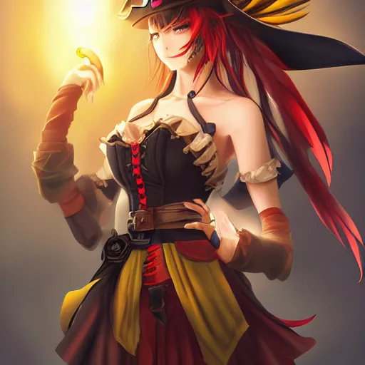 Image similar to advanced digital anime character art, female pirate captain with a yellow and a red eye , res brown hair wearing a corset and large pirate hat with feathers, RossDraws, WLOP, Sakimichan. —H 768