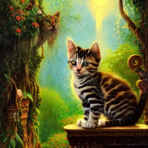 Image similar to painting of one kitten in the enchanted forest standing on the steps and watching the waterfall, fantasy, intricate, extremely detailed, face enhance, matte, featured in artstation, art by louis wain, greg rutkowski