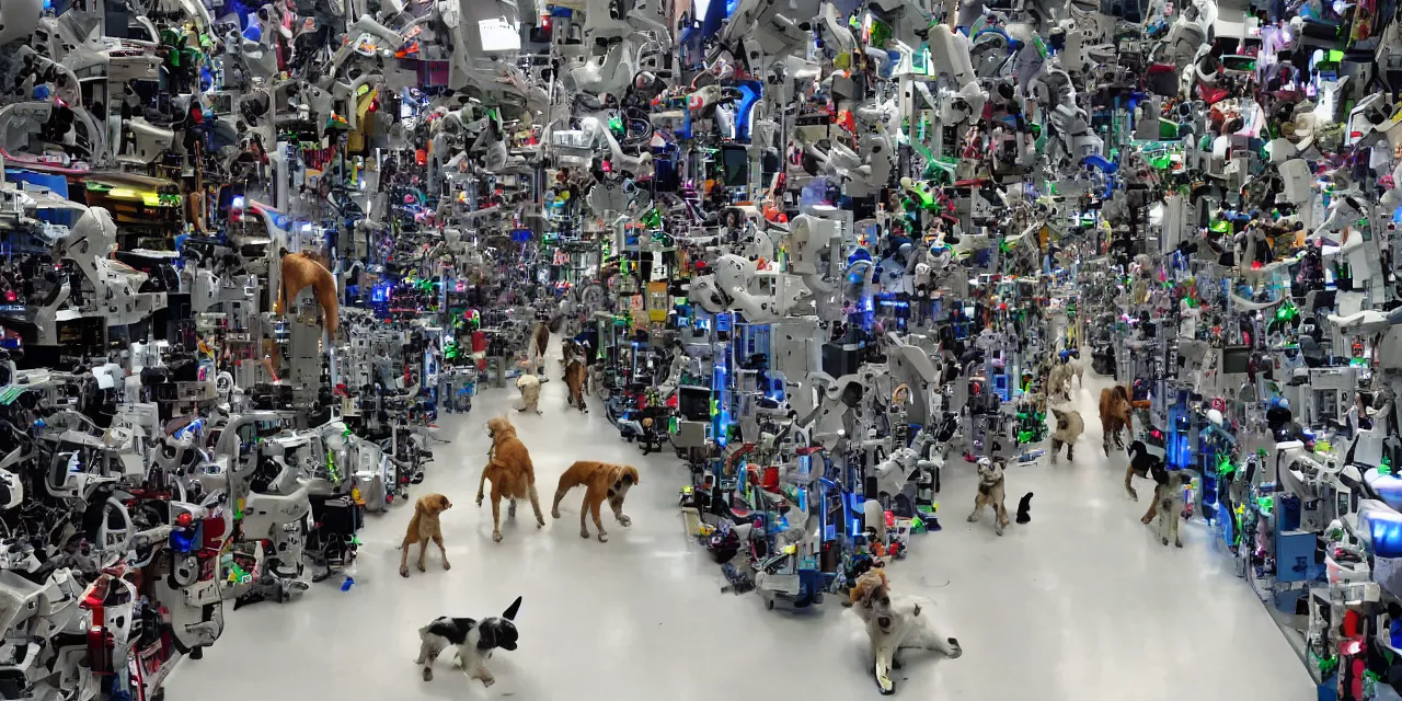 Prompt: an amazing vista, computers, robots, dog, robots walking dogs, dogs walking robots