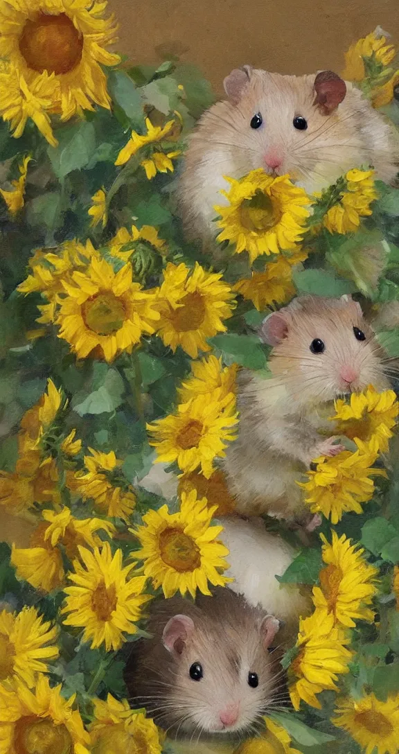 Prompt: a highly detailed beautiful portrait of a cute little hamster surrounded by beautiful lemons and sunflowers, by gregory manchess, james gurney, james jean