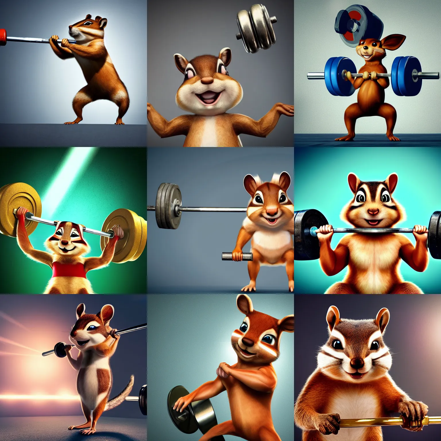 Prompt: a high quality photo of anthropomorphic chipmunk weightlifting barbell over it's head, backdrop - olympic game, render, ultra realistic, epic lighting, cgsociety