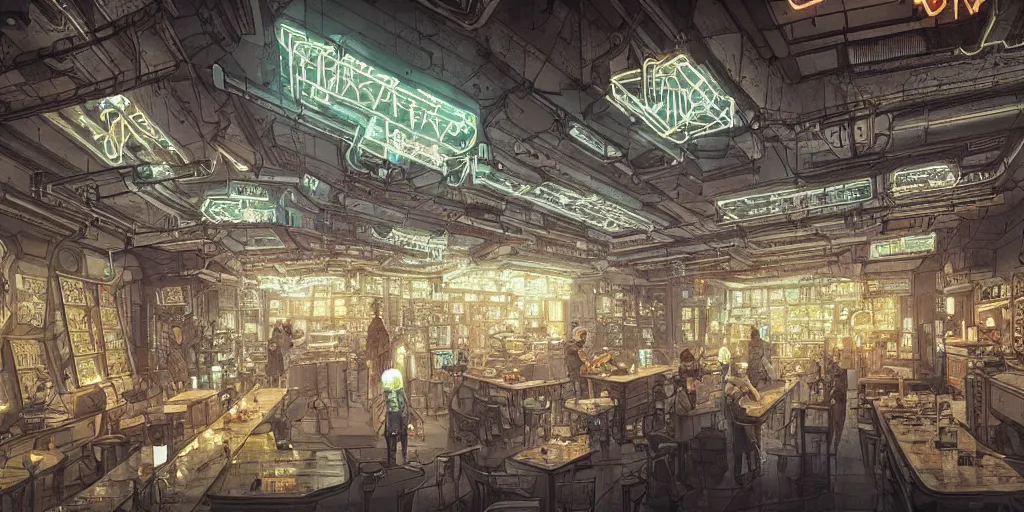 Image similar to Highly detailed realistic photo of interior design in style of minimalism by Hiromasa Ogura and Josan Gonzalez of detailed cyberpunk tavern with stone walls and neon lights, a lot of electronics and people, many details. Natural white sunlight from the transperient roof.