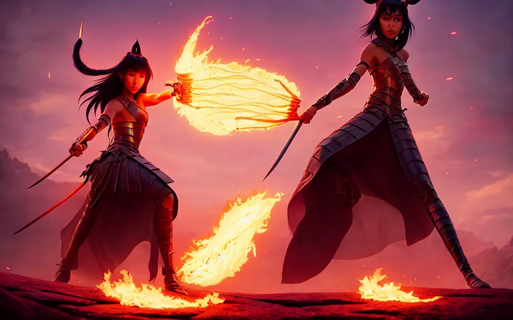 Image similar to weta disney pixar epic movie shot of madison beer : : as samurai warrior catgirl by pixar : : flames : : by weta, greg rutkowski, wlop, ilya kuvshinov, rossdraws, artgerm, marvel, unreal engine, pearlescent, bright morning, anime