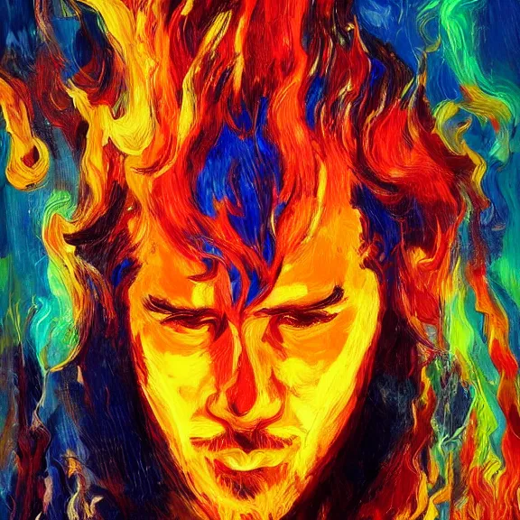 Image similar to abstract painting of man on fire. Handsome. Long hair. portrait. ArtStation. Impressionist. Psychedelic