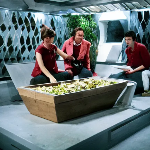 Prompt: humans on the floor eating out of a trough in an organic plant - based moonbase