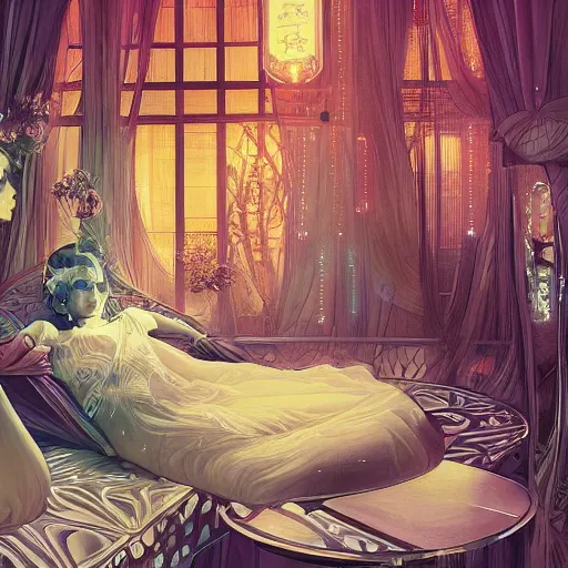 Image similar to image of a futuristic hotel room at future neon light tokyo, sci - fi and fantasy, intricate and very very beautiful and elegant, highly detailed, digital painting, artstation, concept art, smooth and sharp focus, illustration, art by tan zi and ayanamikodon and alphonse mucha and wlop