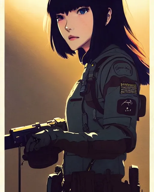 Image similar to girl wearing in tactical gear | | audrey plaza, fine detail!! anime!! realistic shaded lighting!! dramatic!! poster by ilya kuvshinov katsuhiro otomo ghost - in - the - shell, magali villeneuve, artgerm, jeremy lipkin and michael garmash and rob rey