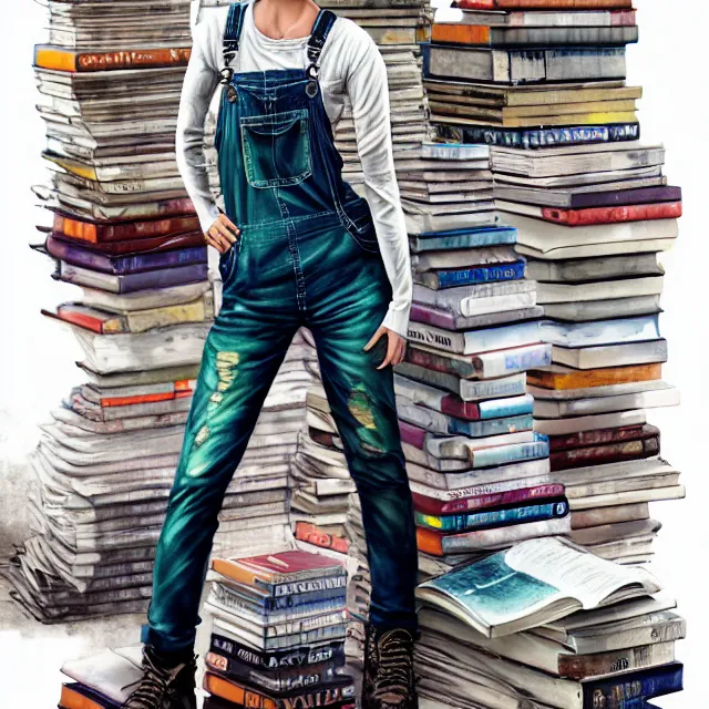 Prompt: full body pose, beautiful adult woman, short white hair shaved sides, dirty, grungy, grunge, long sleeve, painted overalls, stacks of giant books, highly detailed, 4 k, hdr, smooth, sharp focus, high resolution, award - winning photo, artgerm, photorealistic