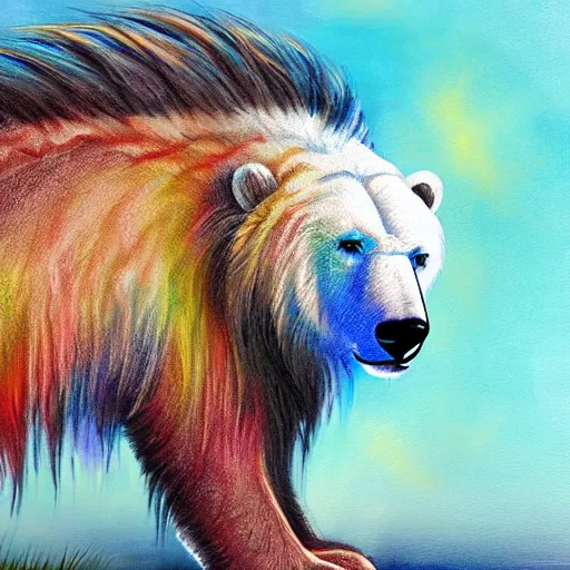 Prompt: cute fluffy polar bear with long colorful flowing lion mane with mohawk hairstyle hybrid animal detailed painting 4 k