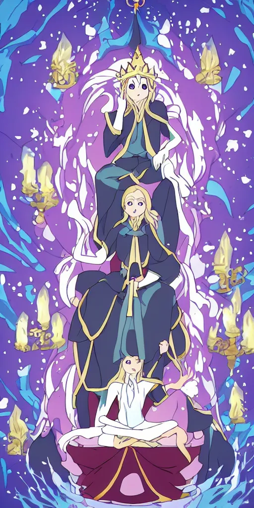 Image similar to a spiritual guru sitting on a throne of ice drawn by studio trigger, in the style of Little Witch Academia, spiritual enlightenment, tradition, conformity, morality, ethics