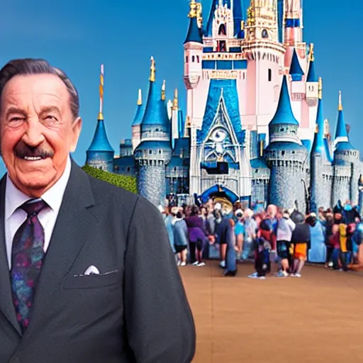 Image similar to a photo of walt disney and thanos standing together in front of the magic kingdom castle, photograph, realistic, 4K UHD, 16mm f/1.4