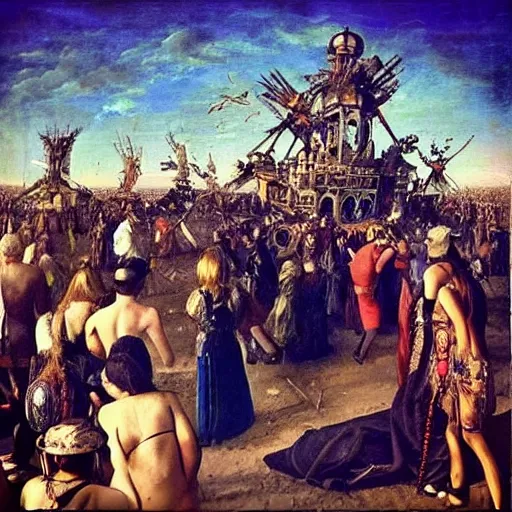 Prompt: “renaissance painting of people at burning man black rock city with steampunk costumes and loud music”