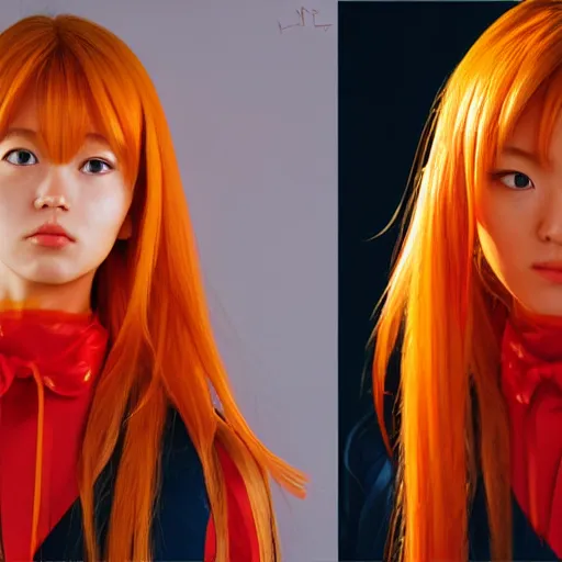 Image similar to Asuka Langley from Neon Genesis Evangelion, live action, beautiful portrait, golden hour