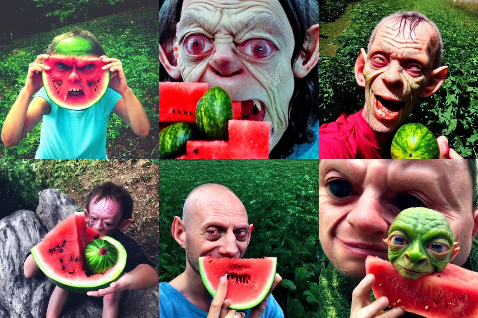 Prompt: Gollum eating watermelon selfie