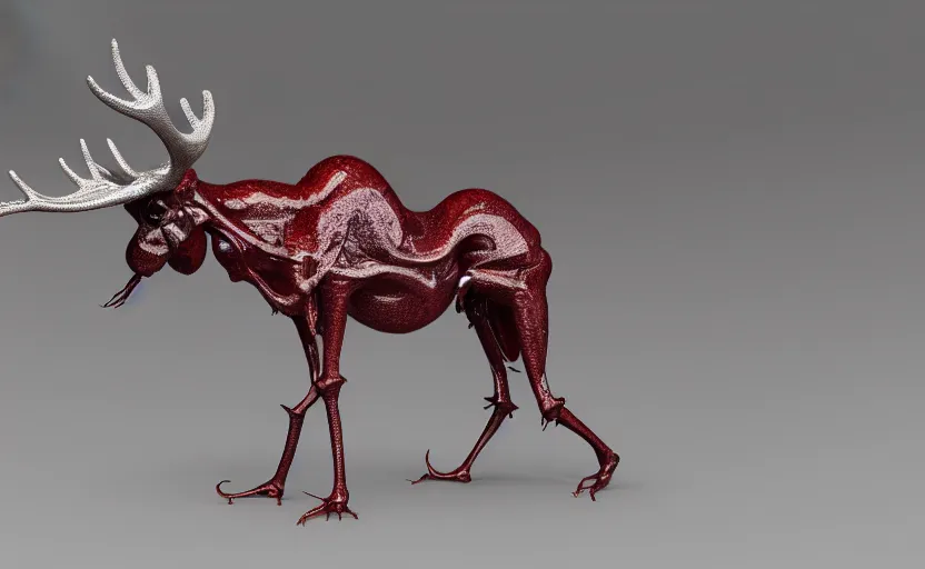 Image similar to stylized shiny polished silver statue full body bizarre extra limbs cosmic horror quadruped animal moose deer skull four legs made of marble of slug worm creature tendrils perfect symmetrical body perfect symmetrical face hyper realistic hyper detailed by johannen voss by michelangelo octane render blender 8 k displayed in pure white studio room anatomical deep red arteries veins flesh hell