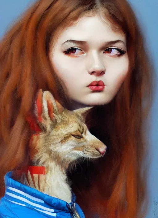 Image similar to a portrait of a furry russian girl wearing an adidas tracksuit painted by norman rockwell artstation trending