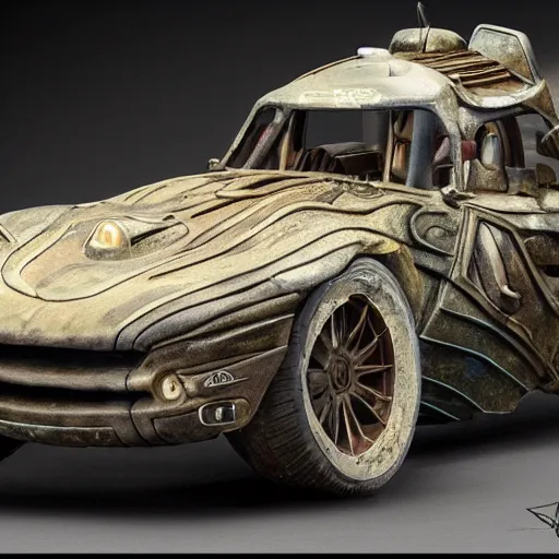 Prompt: full view of a car from WETA Workshop, some art style from Bruce Kaiser and Scott Robertson and Jon Sibal