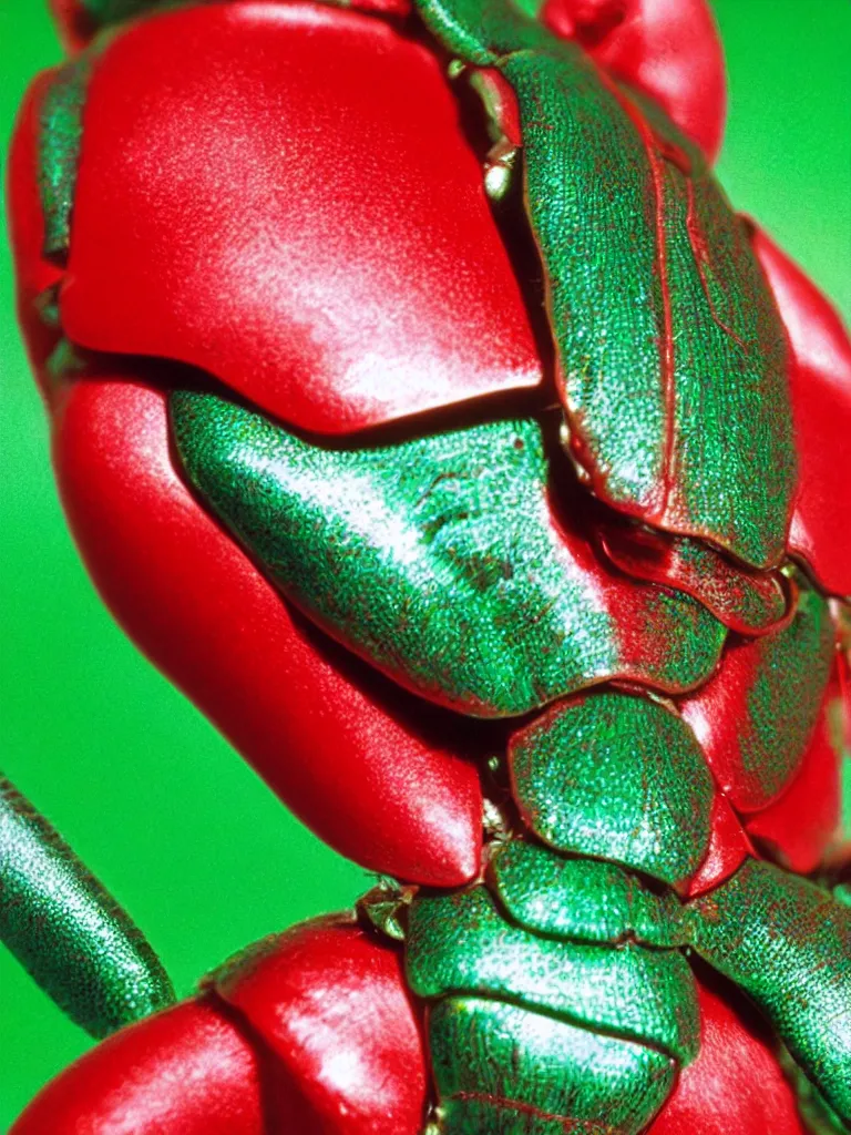 Image similar to subsurface scattering. close - up shot of a beautiful red white and green beetle. insect eyes. complementary color scheme. studio photography by slim aarons, by zhang kechun, by lynda benglis, high quality highly detailed award winning photograph by national geographic. soft volumetric light, smooth gradient.