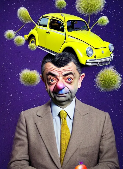 Image similar to hyper detailed 3d render like a Oil painting muted colors - slightly silly portrait of Rowan Atkinson cross eyed as Mr. Bean atop his yellow beetle in Aurora seen tickling of the Strangling network of yellowcake aerochrome and milky Fruit and Her delicate Hands hold of gossamer polyp blossoms bring iridescent fungal flowers whose spores black the foolish stars by Jacek Yerka, Mariusz Lewandowski, Houdini algorithmic generative render, Abstract brush strokes, Masterpiece, Edward Hopper and James Gilleard, Zdzislaw Beksinski, Nicoletta Ceccoli, Wolfgang Lettl, hints of Yayoi Kasuma, octane render, 8k