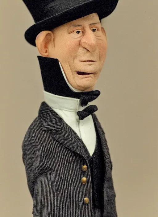 Image similar to portrait photo still of real life mr garrison with mr hat hand puppet with a striped top hat, 8 k, 8 5 mm, f. 1 4