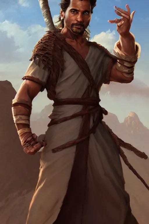 Prompt: Full body Picture of a male Geomancer, desert inspired, dark brown skin, light grey hair, waist reaching ponytail, Light brown attire, robes, battle, detailed face features, dark brown eyes, D&D, by artgerm and Craig Mullins, James Jean, Andrey Ryabovichev, Mark Simonetti and Peter Morbacher, matte painting, trending on artstation, artstationHD, artstationHQ, octane, full HD, 16K, alluring