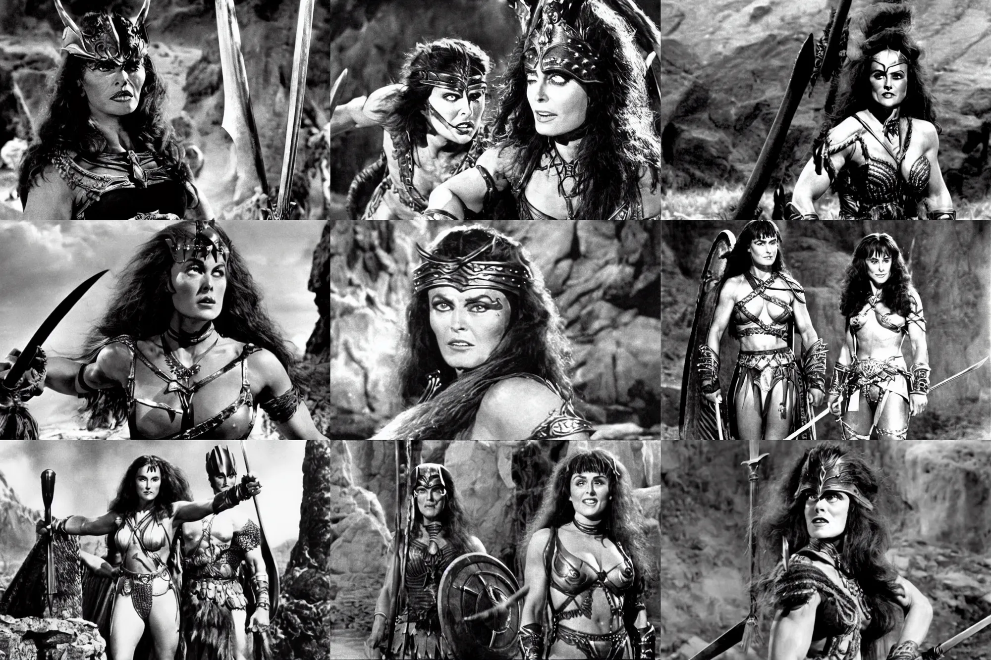 Prompt: Paulette Goddard as an Amazon in Conan The Barbarian 1982 , film still
