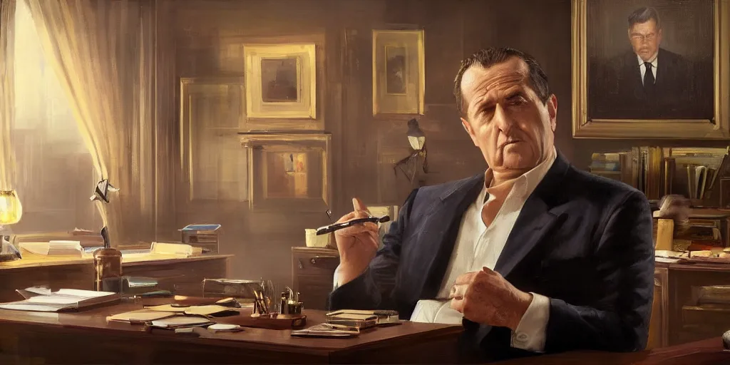 Prompt: beautiful oil matte portrait painting, mafia boss smoking a cigar at his 5 0 s new york office desk, wonderful masterpiece highly detailed, beautiful cinematic light deep focus, elegant, digital painting, smooth, sharp focus, golden ratio, dramatic illumination, ultra realistic, 8 k, art by jimmy law