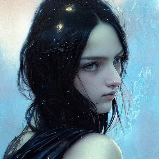 Image similar to portrait of teenage girl with glossy black hair, blue eyes, glowing porcelain skin, fashion model features, dark fantasy, academia, intricate, elegant, black dress, highly detailed, digital painting, artstation, concept art, smooth, sharp focus, illustration, art by Krenz Cushart and Artem Demura and alphonse mucha