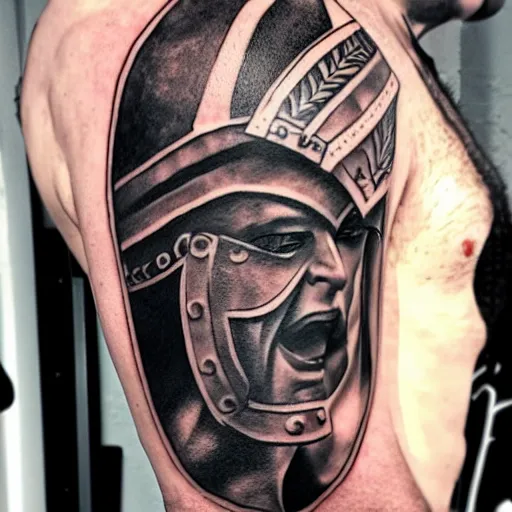 Prompt: A male gladiator wearing a thracian helmet action shot, tattoo, tattoo art, Black and grey tattoo style