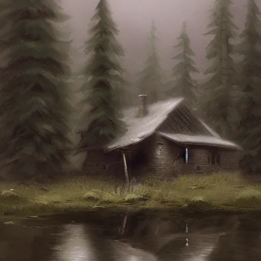 Prompt: a painting of a eerie cabin in the middle of the woods in the style of craig mullins