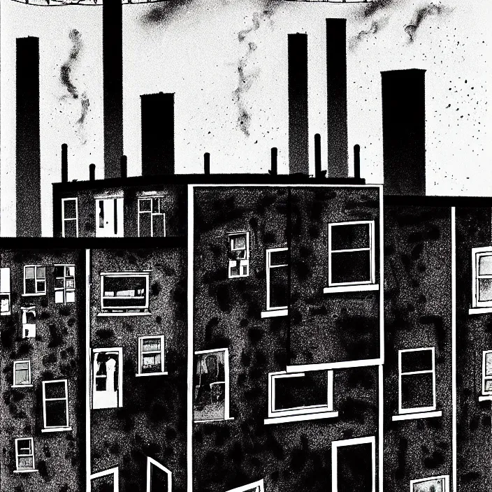 Prompt: [ sadie sink in dirty workmen clothes walks ] next to [ newcastle terraced housing ]. background : factory, dirty, polluted. technique : black and white pencil and ink. by gabriel hardman, joe alves, chris bonura. cinematic atmosphere, detailed and intricate, perfect anatomy