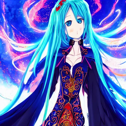 Image similar to a teenage anime girl wearing a very high intricate detailed dress made out of blue fire , full body, very long black/red hair, left eye is yellow and right eye is blue, heterochromatic eyes, intense stare, dress made out of blue fire, cinematic lighting, medium shot, MCU, trending on artstation, CSP, Photoshop, WLOP, Rossdraws, James Jean, Andrei Riabovitchev, Marc Simonetti, Anastasia Ovchinnikova, Véronique Meignaud, BEN MAIER and Sakimichan