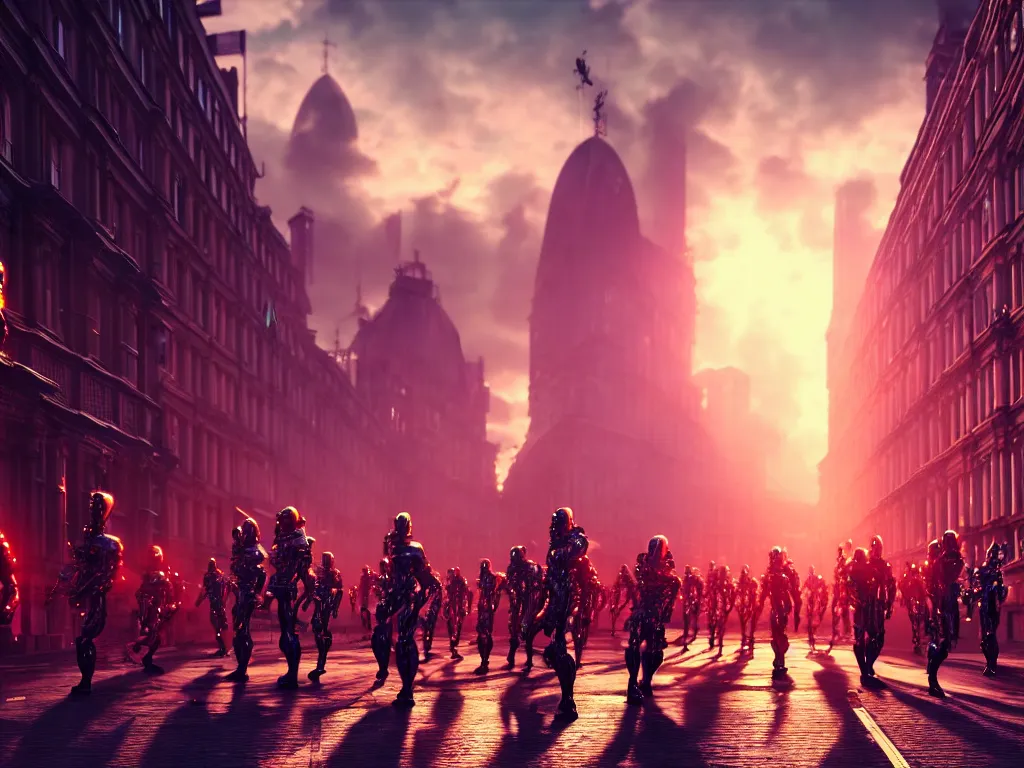 Prompt: an army of beautiful cyborgs of the elder gods in the city of London, London streets in background, colourful, dramatic lighting, golden hour, very detailed octane render very realistic beautiful