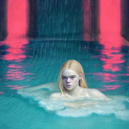 Image similar to silhouette of Elle Fanning submerged in a pool, stormy weather, extremely detailed masterpiece, oil on canvas, low-key neon lighting, artstation, Blade Runner 2049, Roger Deakin’s cinematography, by J. C. Leyendecker and Peter Paul Rubens,