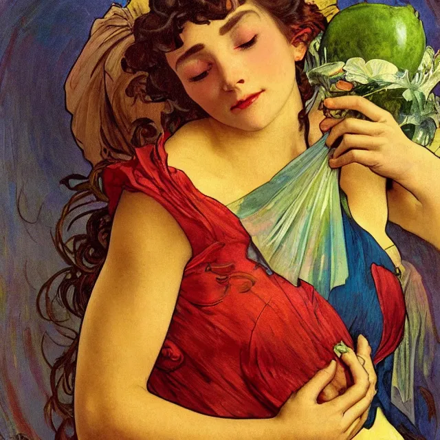 Prompt: an aesthetic! detailed close - up portrait of an aesthetic woman, dressed in silk, crying while holding an apple, by frank frazetta and alphonse mucha, oil on canvas, bright colors, art nouveau, epic composition, dungeons and dragons fantasy art, hd, god - rays, ray - tracing, crisp contour - lines, huhd - 8 k