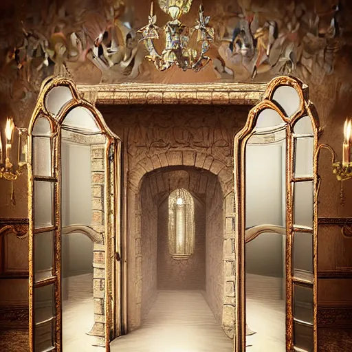 Image similar to castle interior with a magical mirror with silver frames floating around while shooting magic, digital art