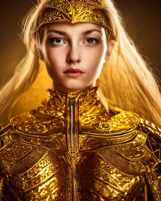 Image similar to award winning photograph portrait of woman in shining golden armor, high production value, intricate details, high resolution, hdr, high definition, masterpiece, realistic, ultrarealistic, highly detailed, hd, sharp focus, non blurry, sharp, smooth